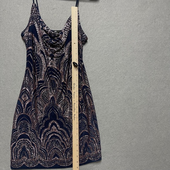 Jump Apparel Dress Womens Medium Navy Blue Rose Gold Glitter Art Deco Party USA - Picture 9 of 10